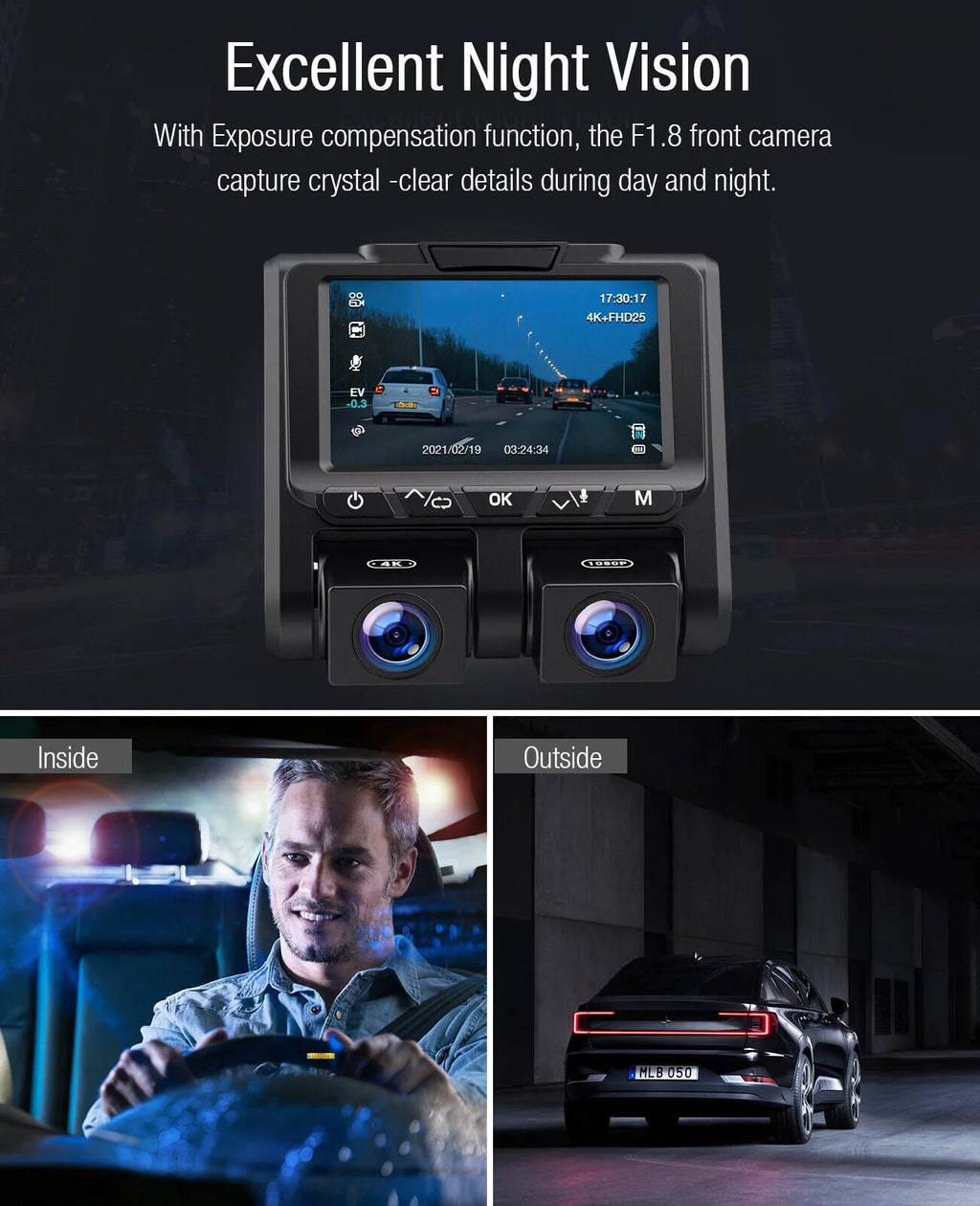 4K Dash Camera   4K+1080P Dash Cam Front and Inside 3"  Screen Car Camera Loop Recording Parking Mode G-Sensor