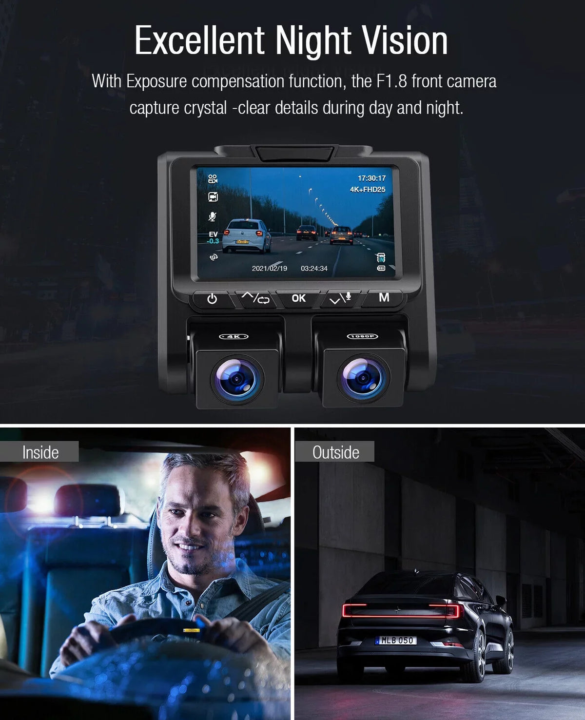 4K Dash Camera   4K+1080P Dash Cam Front and Inside 3"  Screen Car Camera Loop Recording Parking Mode G-Sensor