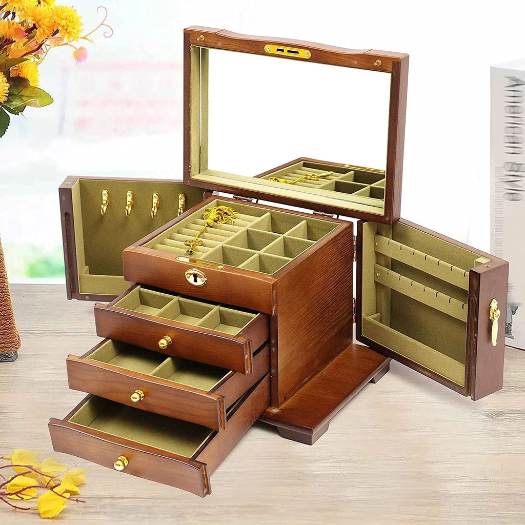 4 layers Wooden Gemstone Display Case Jewelry Storage Case W/ 4 Drawers and 2 Swing-out Cabinets