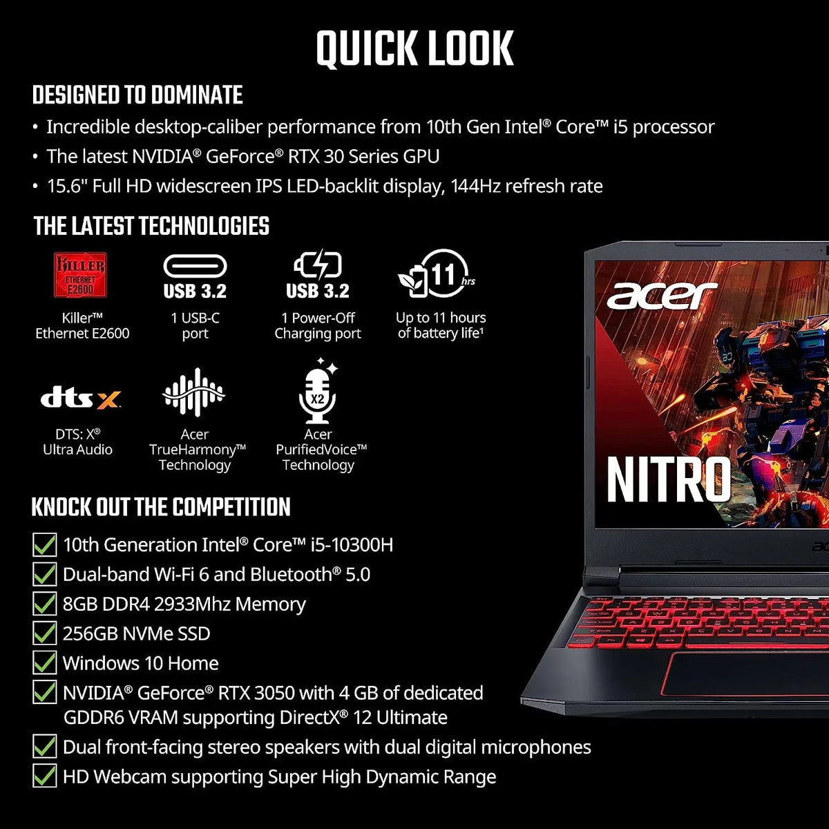 Acer Nitro 5 15.6-Inch 144hz  Gaming Laptop + High Quality 6ft  Cable +  Screen Cleaner + Wired Stereo Gaming Headset + Gaming Mouse