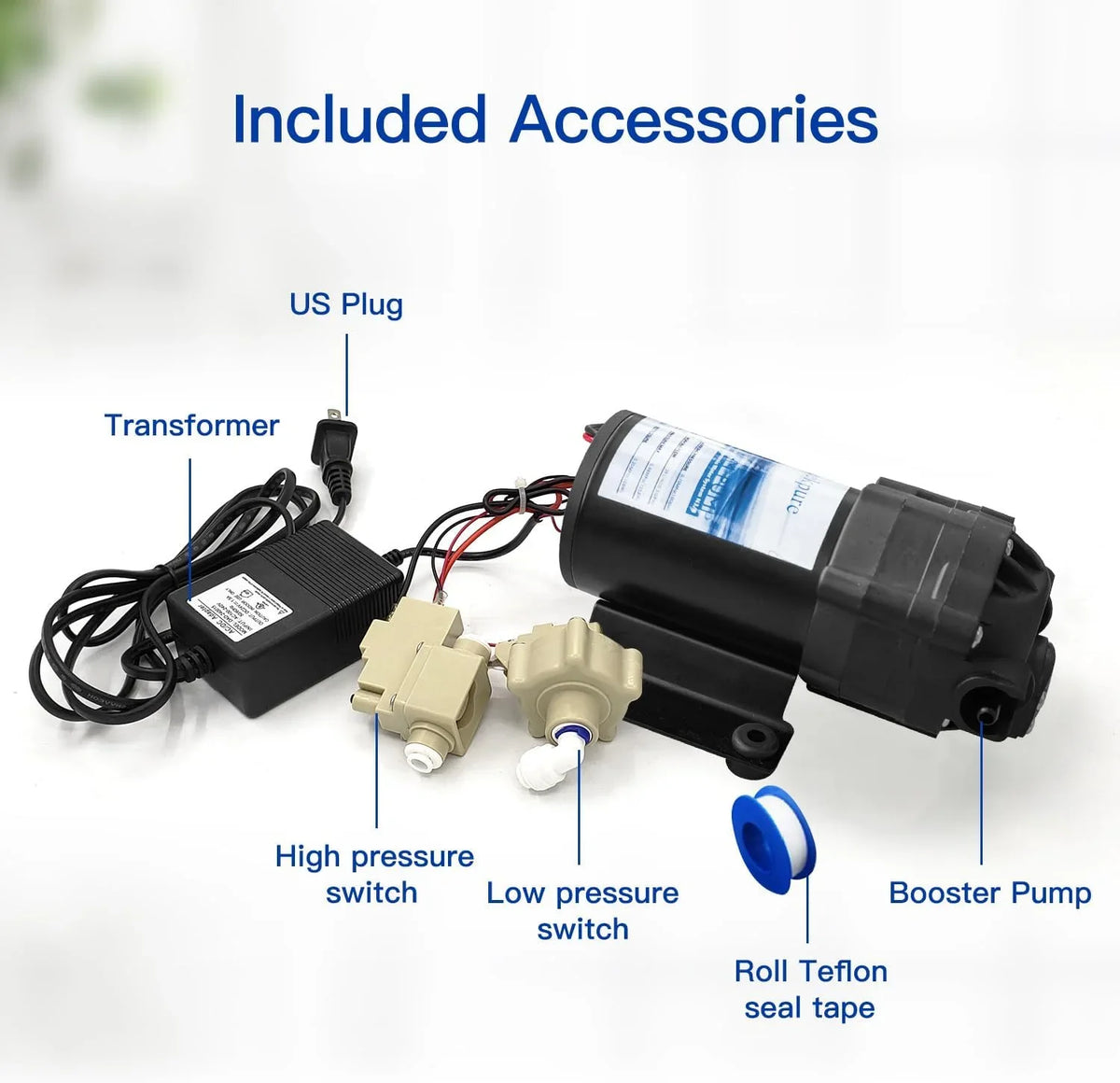 Reverse Osmosis Booster Pump Kit with Transformer + High and Low Pressure Switches + Fittings for 50-150   System