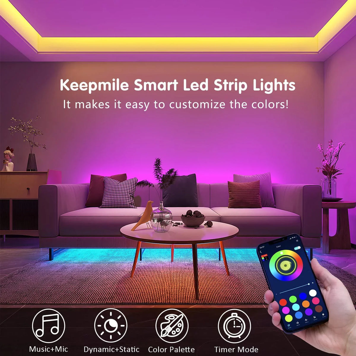 100ft Led Strip Lights (2 Rolls of 50ft) Bluetooth Smart App Music Sync Color Changing  Led Light Strip with Remote and Power Adapter,Led Lights for Bedroom Room Home Decor Party Festival