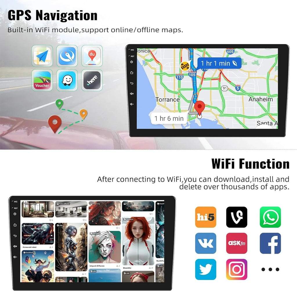 1G+32G Android Single Din Car Stereo with  Navigation Rimoody 10.1'' Touch Screen Car Radio with Bluetooth WiFi  Mirror Link  Head Unit + Backup Camera