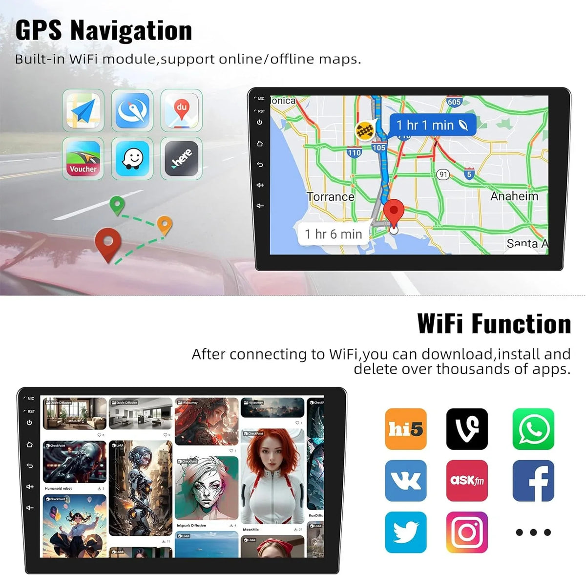 1G+32G Android Single Din Car Stereo with  Navigation Rimoody 10.1'' Touch Screen Car Radio with Bluetooth WiFi  Mirror Link  Head Unit + Backup Camera