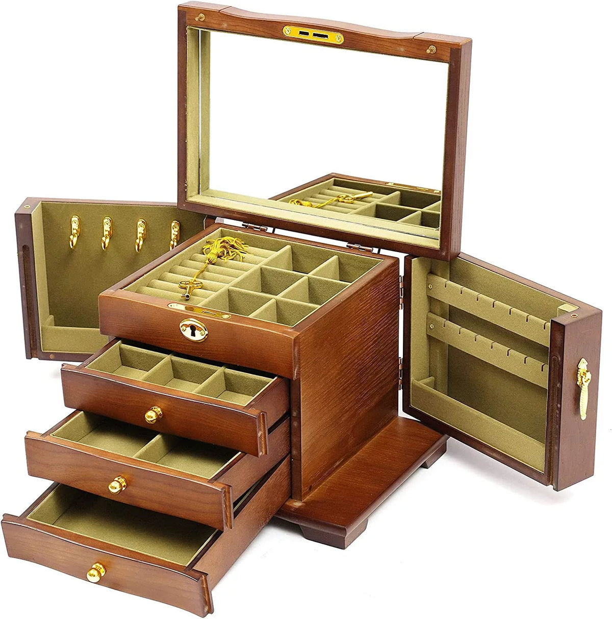 4 layers Wooden Gemstone Display Case Jewelry Storage Case W/ 4 Drawers and 2 Swing-out Cabinets
