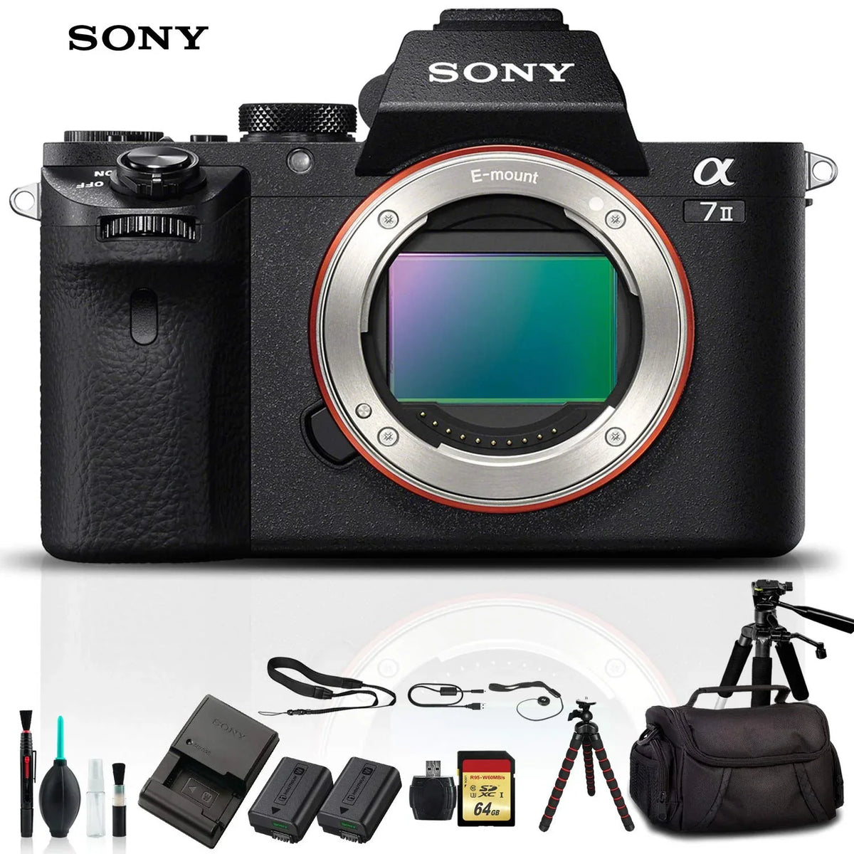 Sony Alpha a7  Mirrorless Camera ILCE7M2/B With Soft Bag, Tripod, Additional Battery, 64GB Memory Card, Card Reader , Plus Essential Accessories