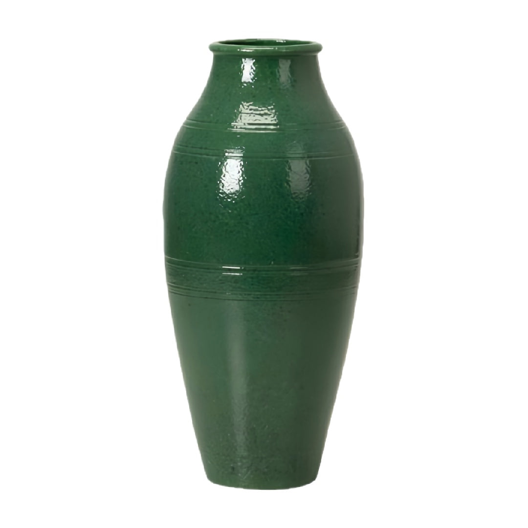 Vintage Emerald Green Glazed Ceramic Floor Vase - Ribbed Texture Tall Decorative Pottery