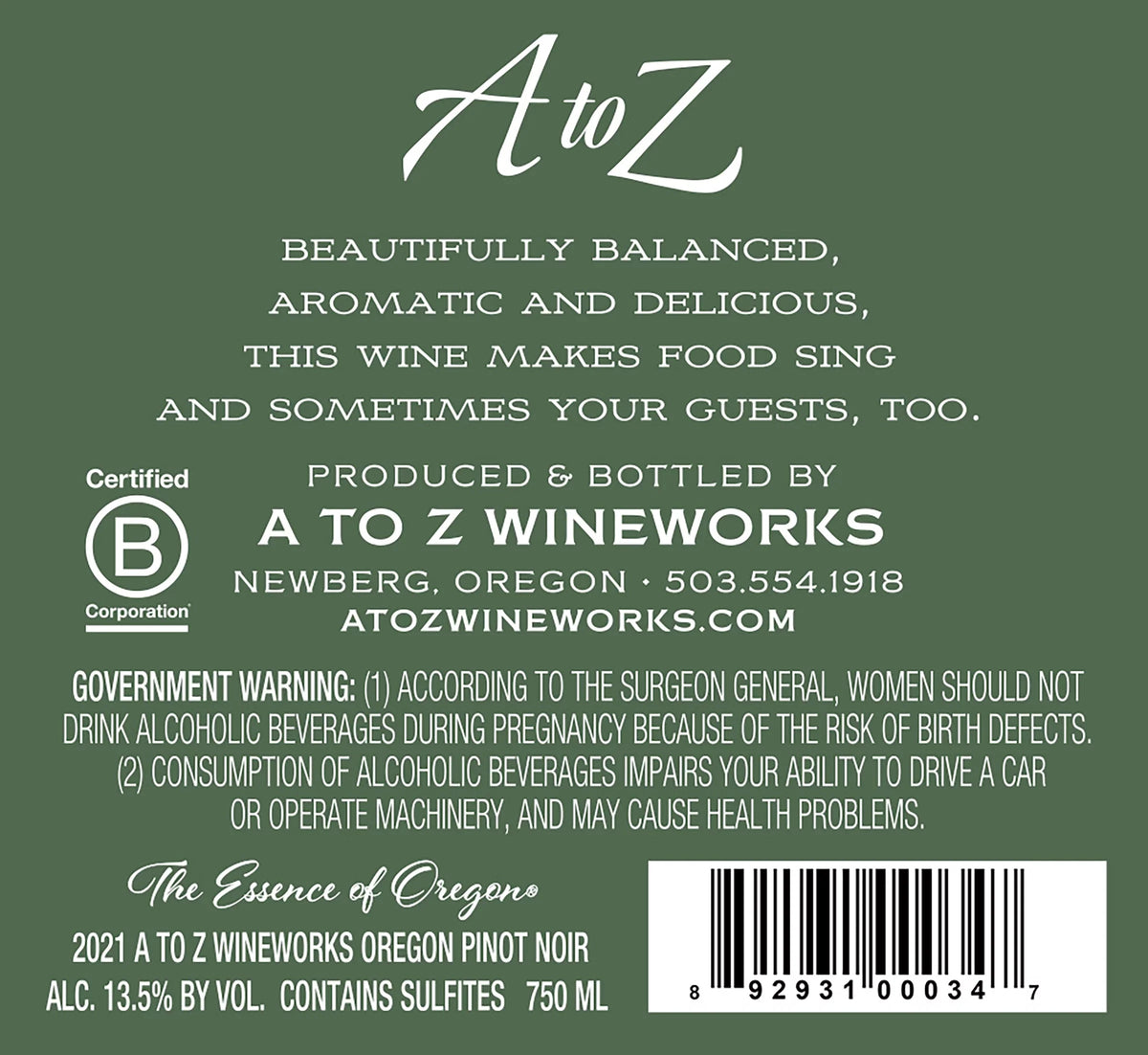A to Z Wineworks Pinot Noir Oregon Red Wine, 750 ml Bottle, 14%