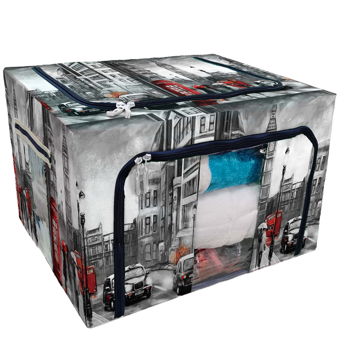 london Big ben red umbrella bus road telephone car England Storage Bag Clear Window Storage Bins Boxes Large Capacity Foldable Stackable Organizer With Steel Metal Frame For Clothes,Closets