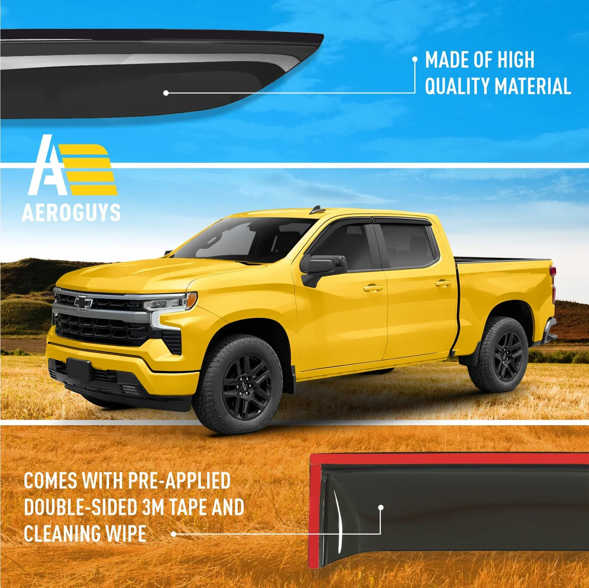 Tape-On Window Deflectors Extra Durable Window Visors Rain Guards Fit for Chevrolet (Chevy) Silverado 1500 2019-2024 Crew Cab, Sun Visors, Wind Vent Visors, Truck Accessories - 4pcs. AG0422