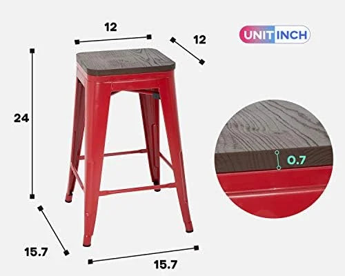 24 Inches Metal  Stools Set of 4 Counter Height Wood Seat Barstool Patio Stool Stackable Backless Stool Indoor Outdoor Metal Kitchen Stools  Chairs (Red)