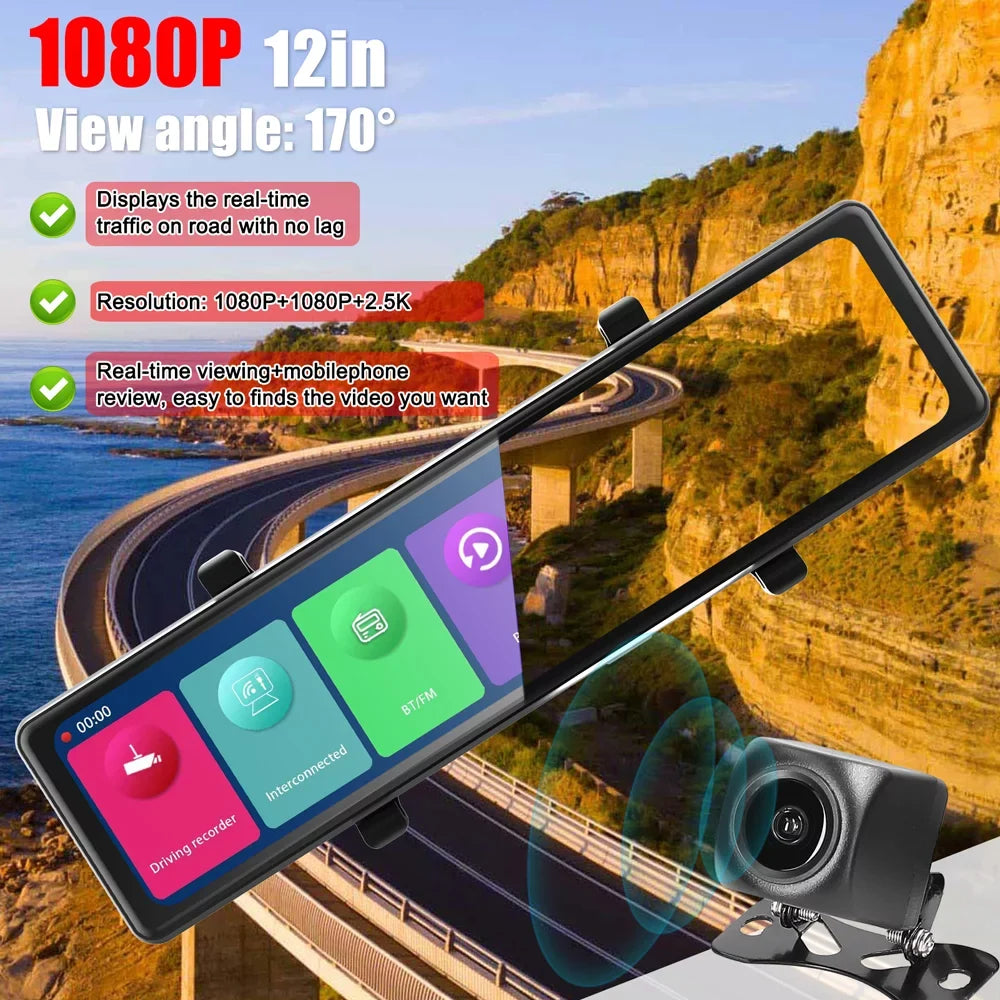 3 Cameras Dash Cam 12in 2.5K Clear Car Rearview Mirror Car Video Recording Touched Screen Car Recorder Carplay Auto Driving Recorder