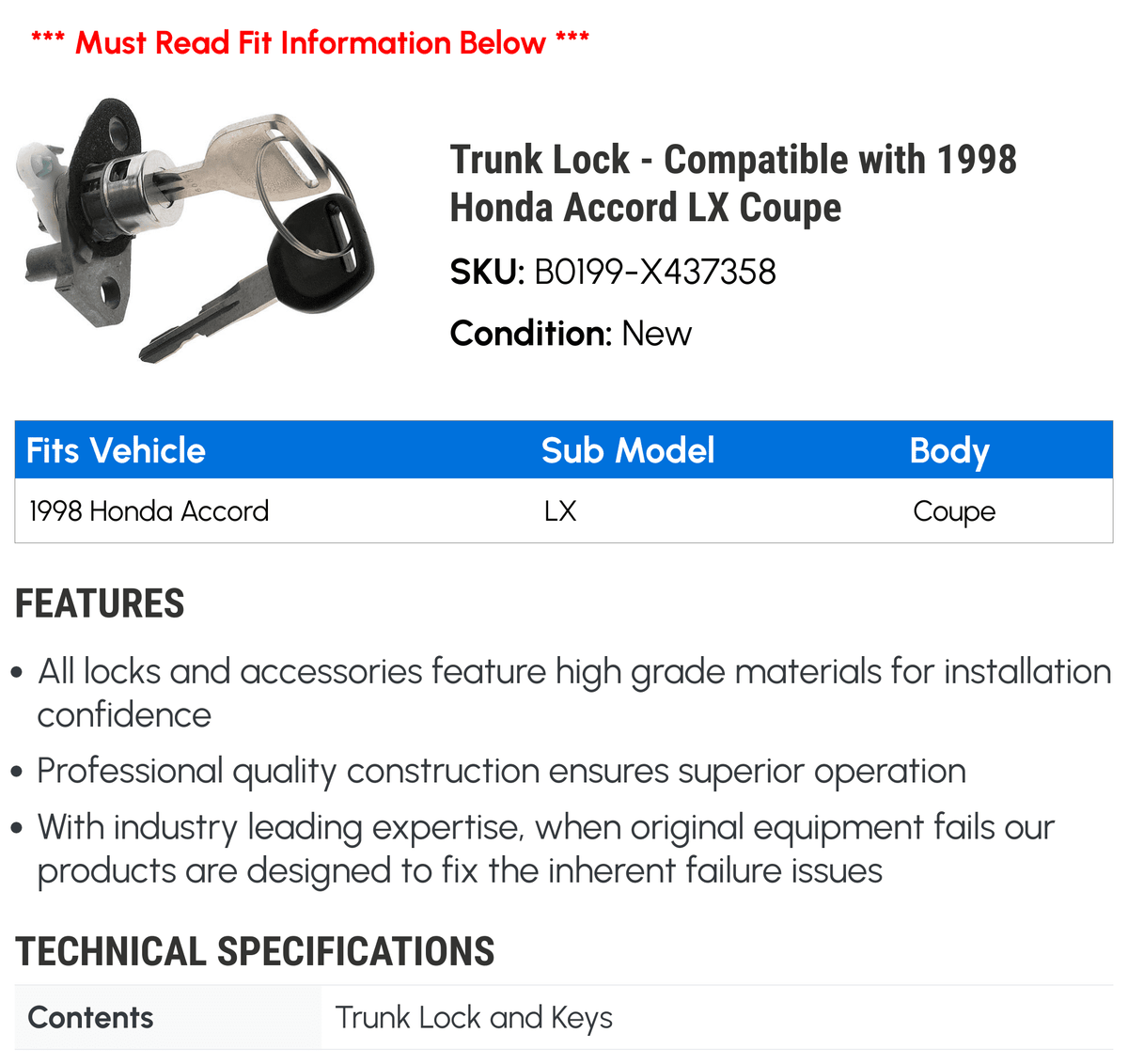 Trunk Lock - Compatible with 1998 Honda Accord  Coupe