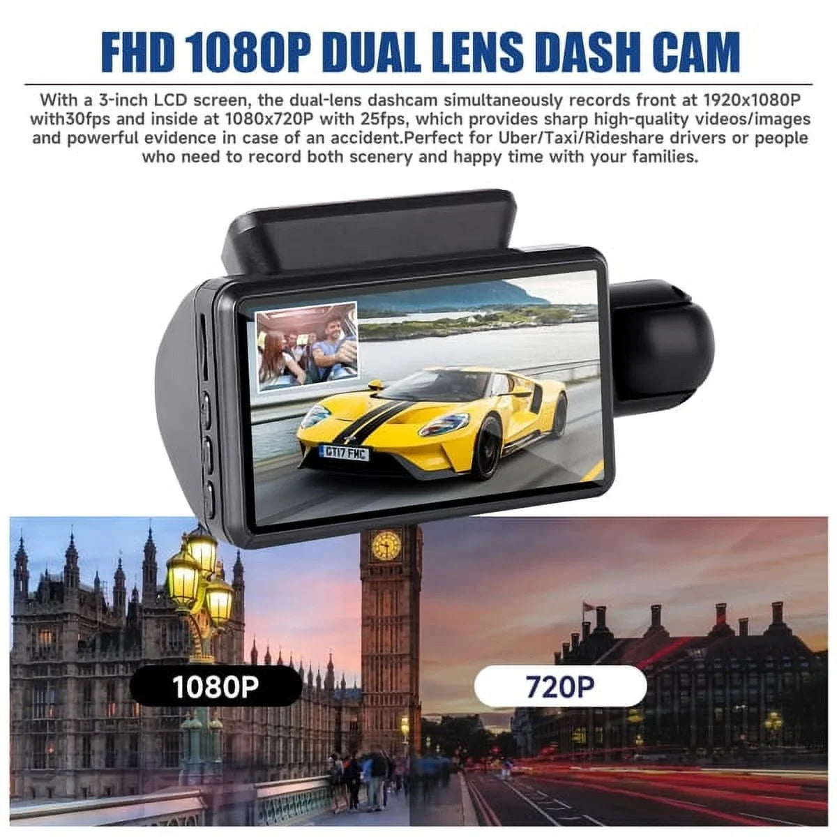 1080P Dash Cam Night Vision Dash Camera Front and Rear 170° Wide Angle Loop Recordin G-Sensor