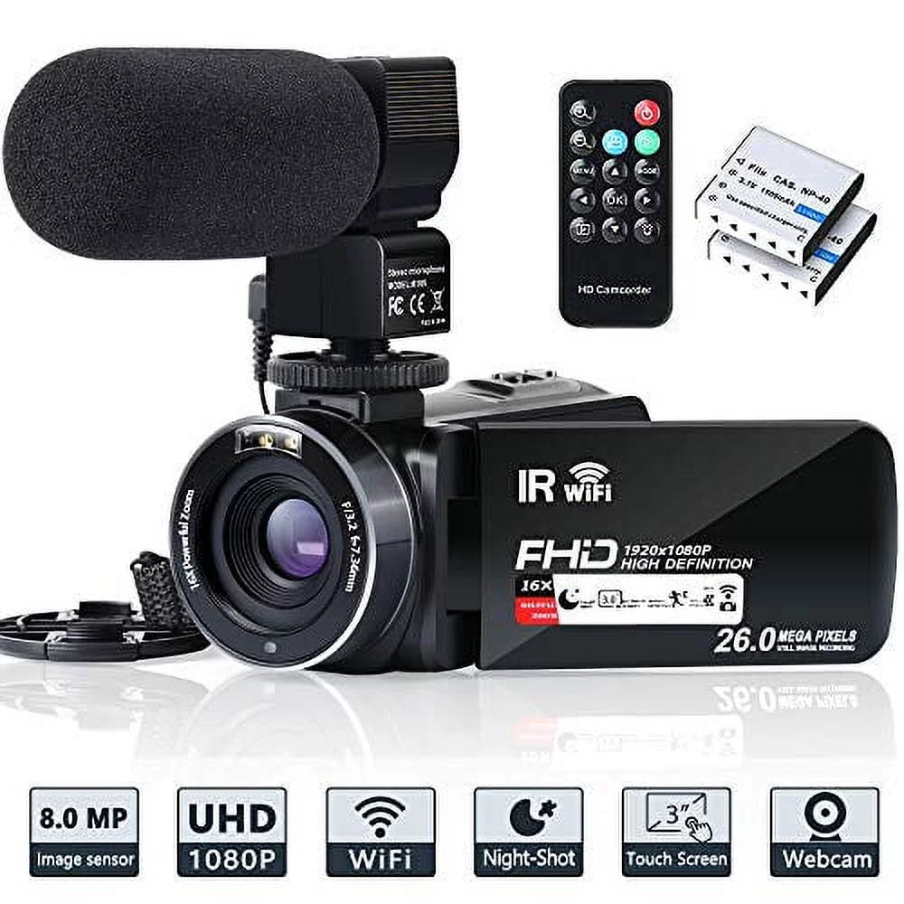 Video Camera Camcorder WiFi  Night Vision  1080P 30FPS YouTube Vlogging Camera Recorder 26MP 3.0'' Touch Screen 16X Digital Zoom Camcorder with Microphone,Remote and 2 Batteries