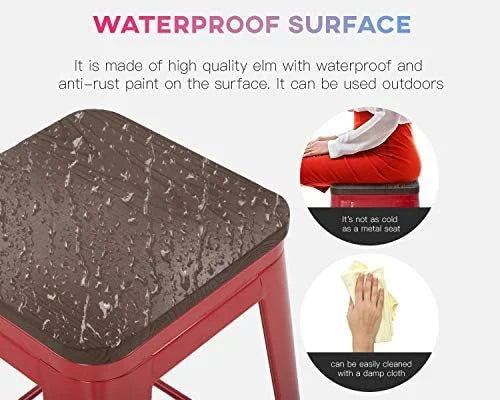 24 Inches Metal  Stools Set of 4 Counter Height Wood Seat Barstool Patio Stool Stackable Backless Stool Indoor Outdoor Metal Kitchen Stools  Chairs (Red)