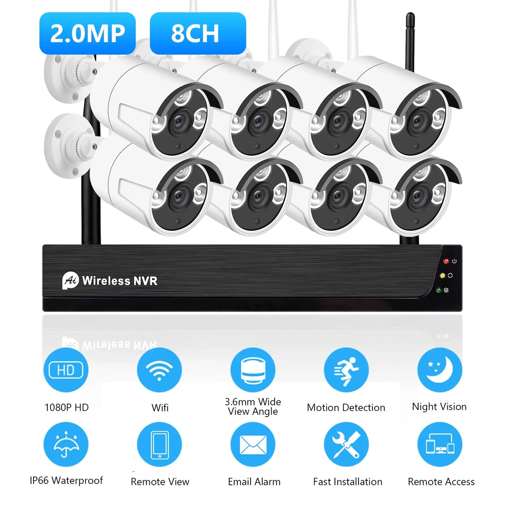 8CH 1080P Wireless Camera System, 8Channel 1080P   + 8PCS 1080P 2.0MP Indoor Outdoor  Cameras with Night Vision, Motion Alert, Tuya Smart App Remote Access, No Hard Drive