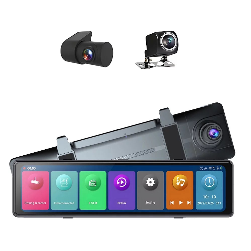 3 Cameras Dash Cam 12in 2.5K Clear Car Rearview Mirror Car Video Recording Touched Screen Car Recorder Carplay Auto Driving Recorder