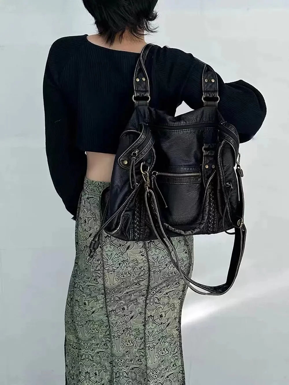 Large Capacity Women Handbag Vegan Leather Tote Bag Vintage Washed Leather Shoulder Bag Quality Bag for Women Office Bag Travel Bag