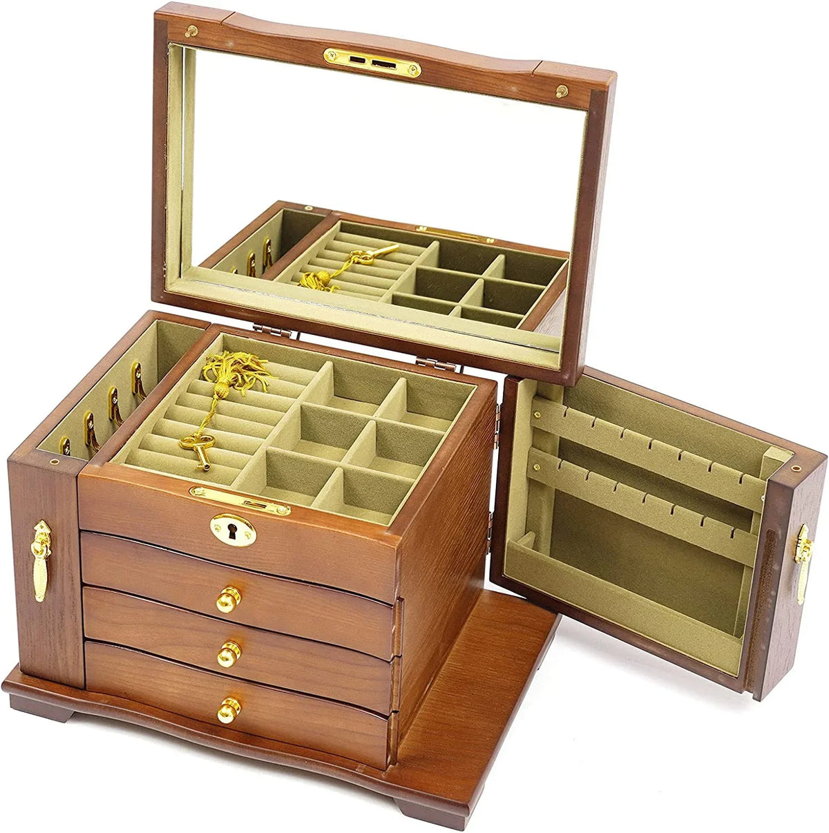 4 layers Wooden Gemstone Display Case Jewelry Storage Case W/ 4 Drawers and 2 Swing-out Cabinets