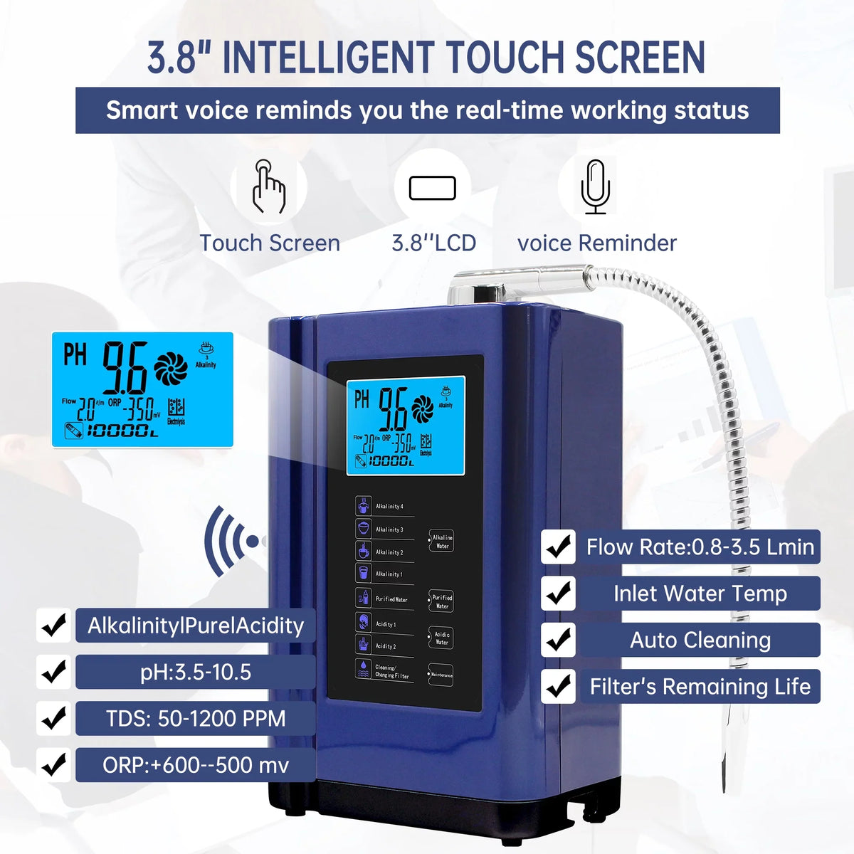 Alka  Water Ionizer, Water Purifier Machine  3.5-10.5 Alkaline Acid Water Machine,Up to -500mV , 8000 Liters Per Filter,7 Water Settings,Auto-Cleaning,Intelligent Voice (blue )