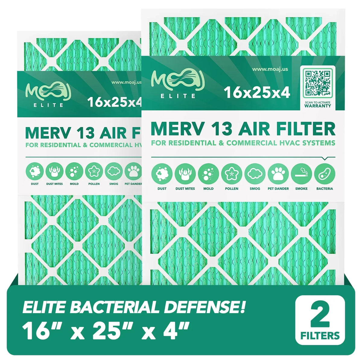 16x25x4 Air Filter (2-) |  13 |  Elite Bacterial & Viral Defense |    | Pleated Replacement Air Filters for  & Furnace Applications | Actual Dimensions: 15.88" x 24.88" x 4.31"