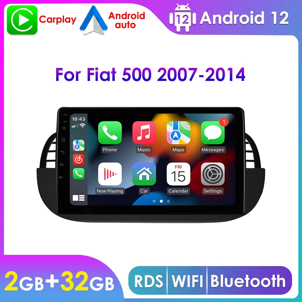 Android 12  Navigation Wifi 2+32GB  Carplay Car Stereo Radio Head Unit For Fiat 500 2007-2014