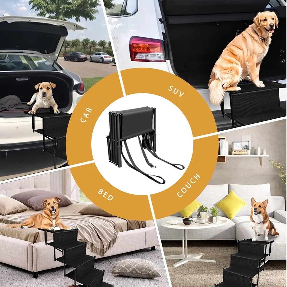 Sunb Foldable Pet Stairs Ramp,Metal Frame Portable 4 Steps Nonslip Stairs,Lightweight for High Beds,Trucks,,Car