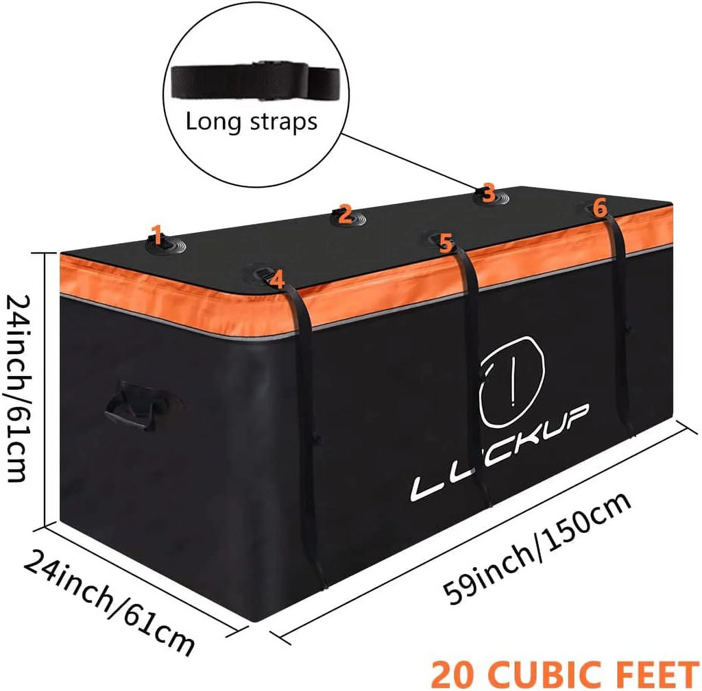 Trailer Hitch Cargo Bag Hitch Cargo Carrier Bag 20 Cubic Feet 100% Waterproof Include 6 Reinforced Straps Reflective Strip Design, Fits All Vehicles with Steel Cargo Basket, 59Lx24Wx24H,560L