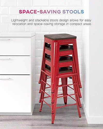 24 Inches Metal  Stools Set of 4 Counter Height Wood Seat Barstool Patio Stool Stackable Backless Stool Indoor Outdoor Metal Kitchen Stools  Chairs (Red)