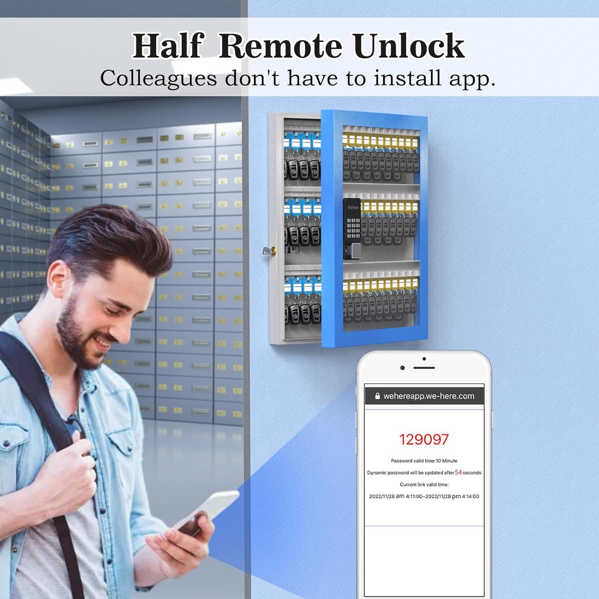 96 Key Lock Box Plus, Smart Key Cabinet Wall Mount,  Share Half-Remote Security Storage Lockbox,  Bluetooth/Fixed Code for Car Dealership，，