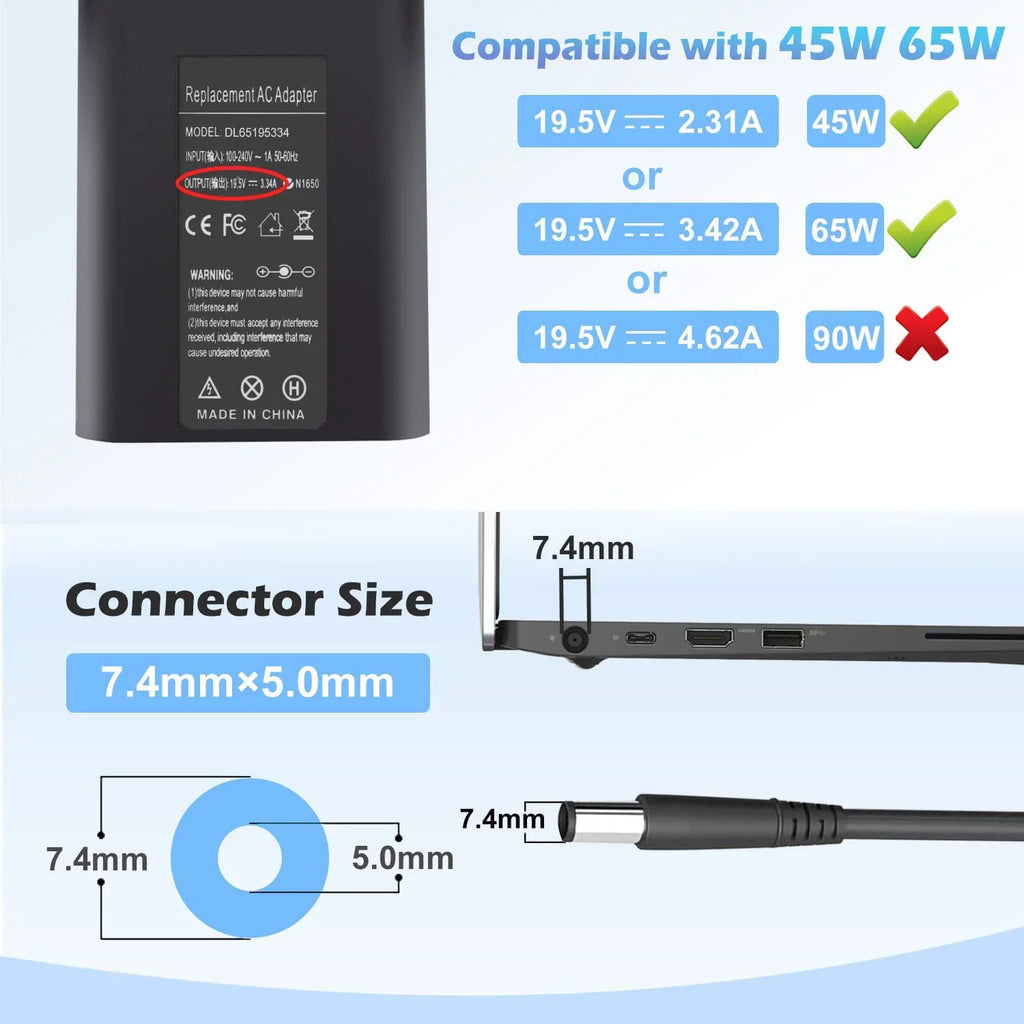 65W LA65NS2-01 Laptop Charger  Adapter for Dell Latitude 5400 5500 5480 7400 7480 7490 7390 3440 E5400 E5420 E5450 E5470 E6420 E6430 E6540 E7470 E7480 LA65NM130