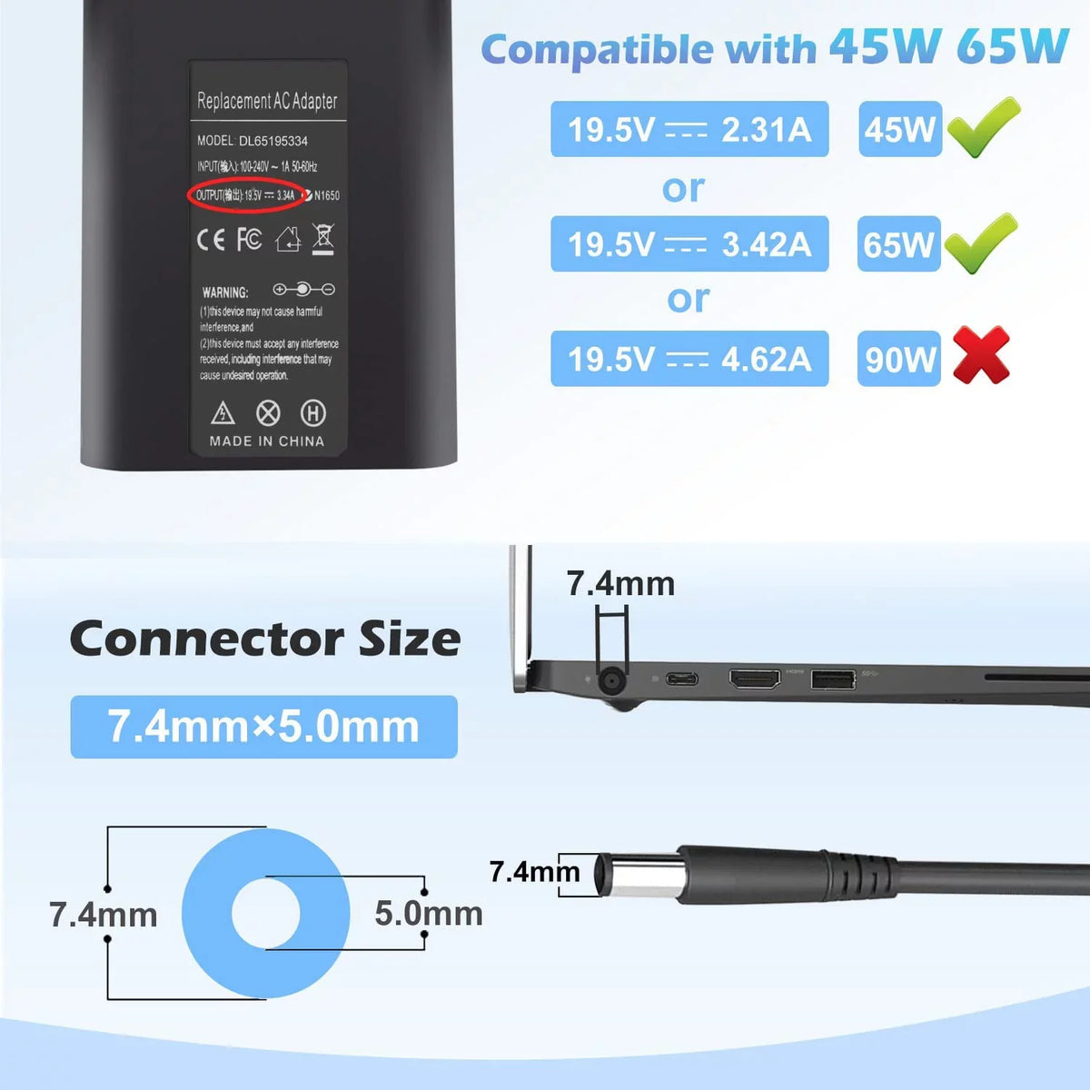 65W LA65NS2-01 Laptop Charger  Adapter for Dell Latitude 5400 5500 5480 7400 7480 7490 7390 3440 E5400 E5420 E5450 E5470 E6420 E6430 E6540 E7470 E7480 LA65NM130