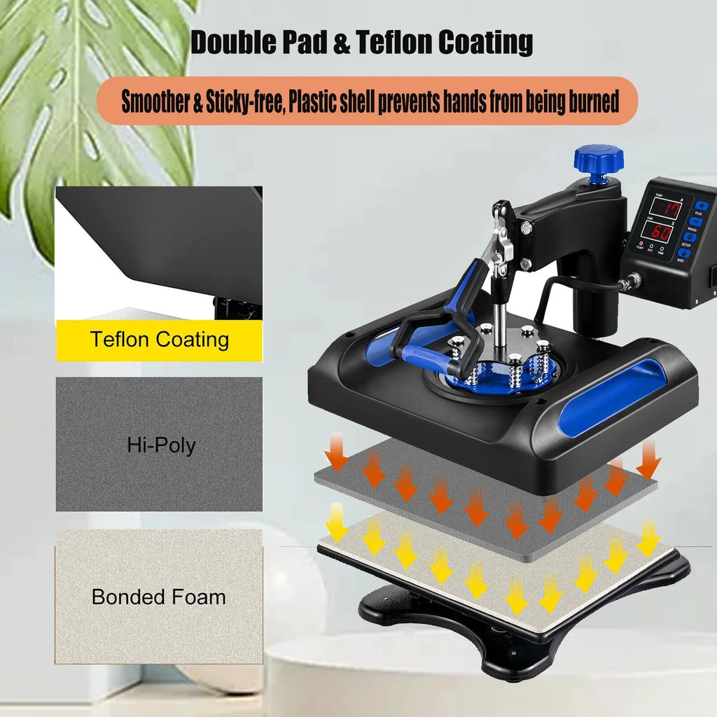 Blue Heat Press Machine 8 in 1, 15 x 15 Inches Sublimation Transfer Printer, Digital Precise  Control Printing, 360 Swing Away Vinyl Transfer Printer for T-Shirts, Canvas Bag, Pillow, Banner