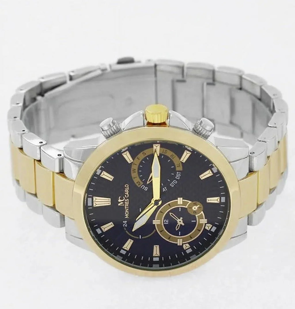 45mm Montres Carlo Men's Fashion Quartz Metal Band Sports Dress Luxury Watch (Two Tone/Blue)