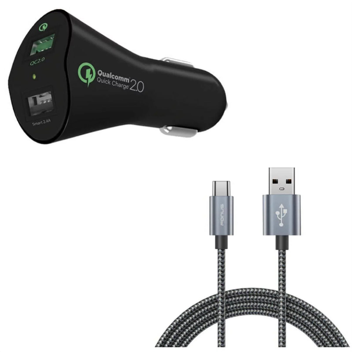 2-Port  30W Fast Car Charger w Charger Cord Type-C 6ft  Cable X4Y for Samsung Galaxy S10 Plus S8 active 5G Note 9 8 10 Plus A9 A50 A20 A10e - Sonim XP8 XP3 - Sony Xperia XZs XZ3 XZ1 XA1