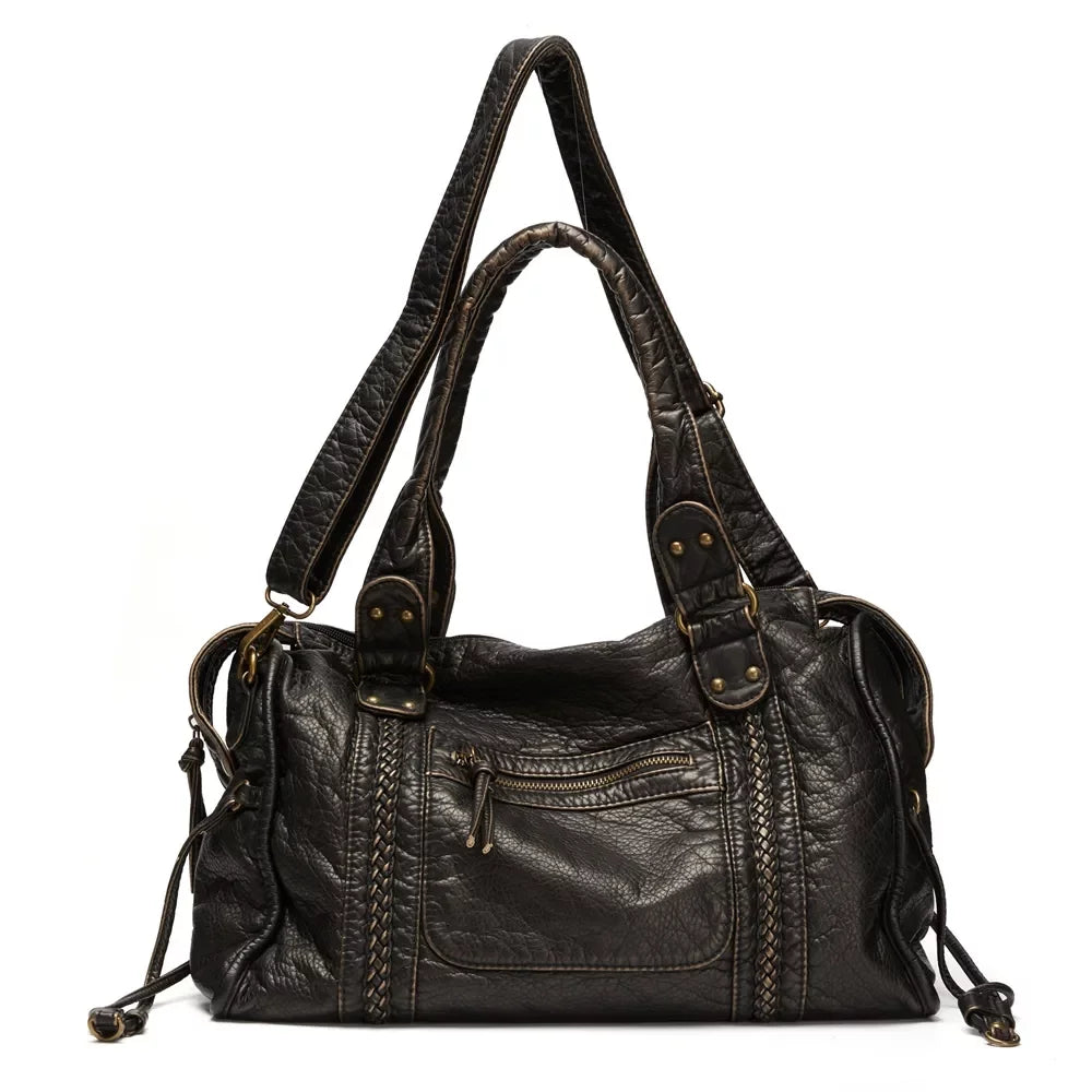 Large Capacity Women Handbag Vegan Leather Tote Bag Vintage Washed Leather Shoulder Bag Quality Bag for Women Office Bag Travel Bag
