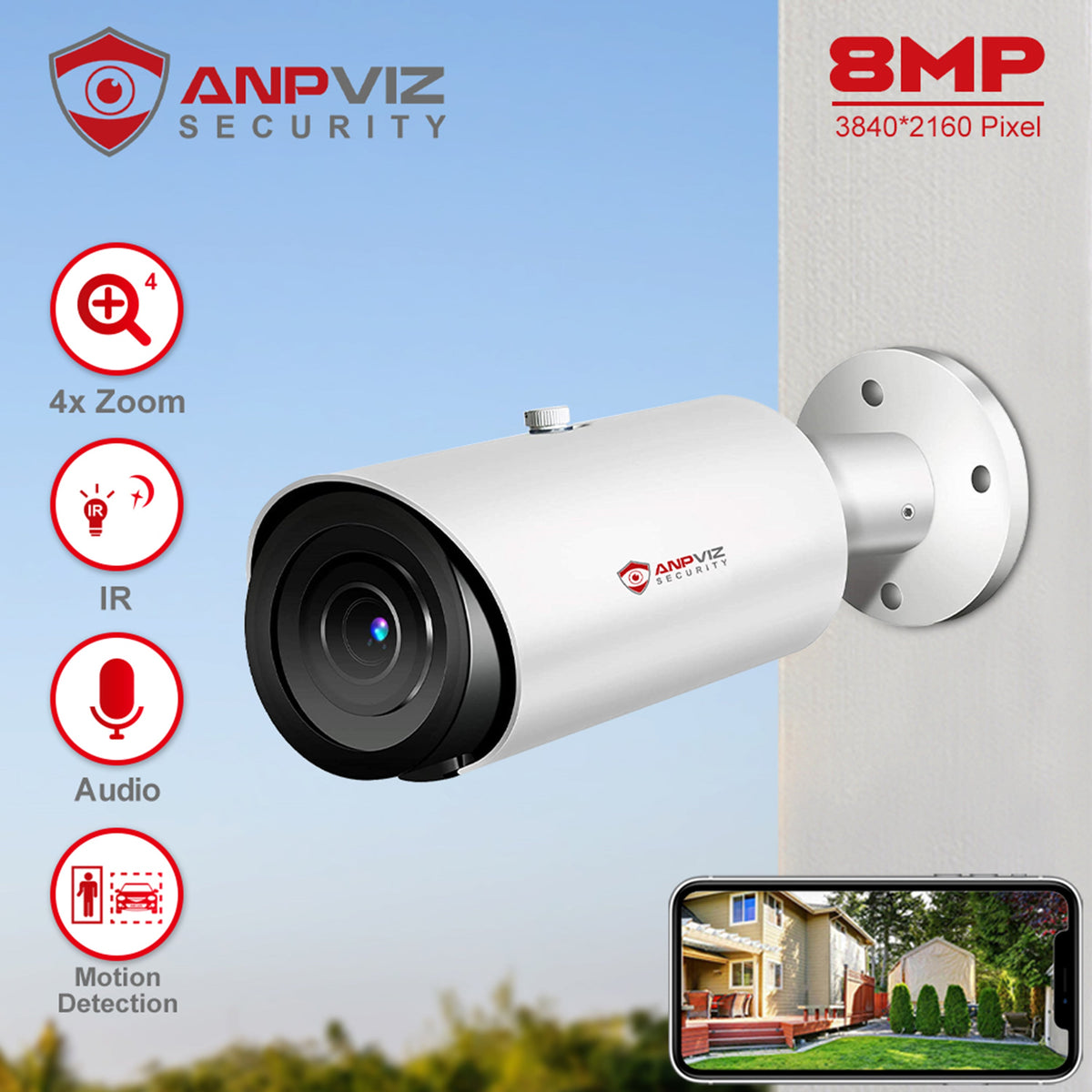 8MP Bullet Camera 4X Zoom Camera Support Human Vehicle Detection 30M  Distance Built in Mic H.265 IP66
