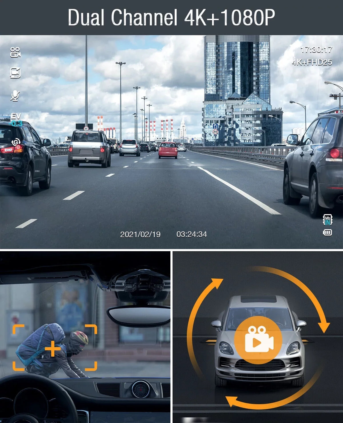 4K Dash Camera   4K+1080P Dash Cam Front and Inside 3"  Screen Car Camera Loop Recording Parking Mode G-Sensor