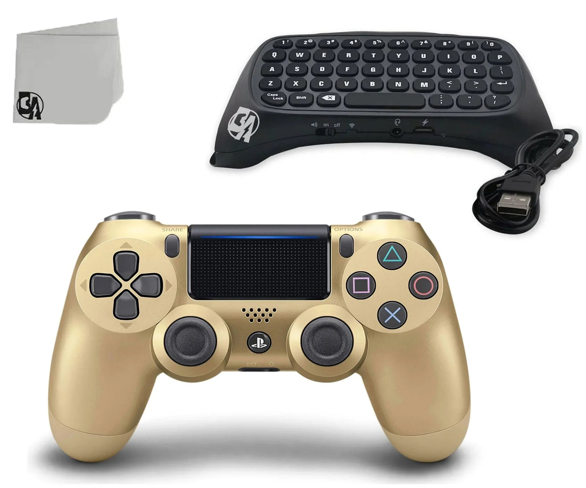 Pre-Owned Sony Dual Shock Gold Gaming Controller For PS4 Console + Wireless Black Chatpad for PS4 Controller   Bundle. (Refurbished: Like New)