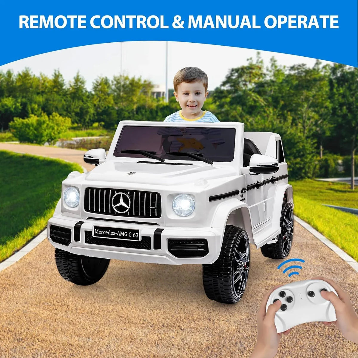 12V Kids Ride on Car, Licensed Mercedes Benz G63 Electric Car w/Remote Control, Music, Spring Suspension,  Light, Bluetooth, Horn, , Safety Lock Battery Powered Electric Vehicle, White