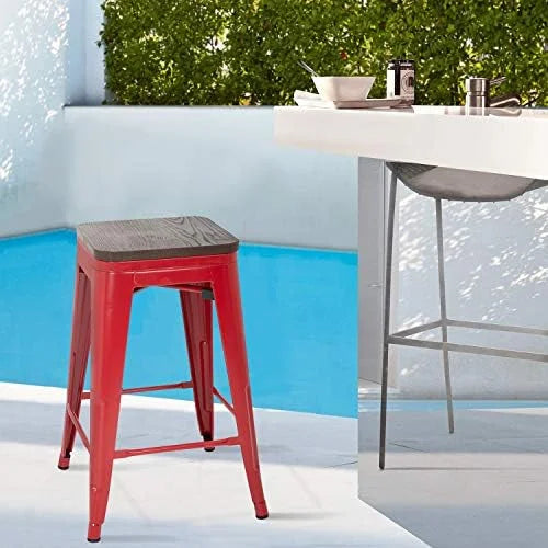 24 Inches Metal  Stools Set of 4 Counter Height Wood Seat Barstool Patio Stool Stackable Backless Stool Indoor Outdoor Metal Kitchen Stools  Chairs (Red)
