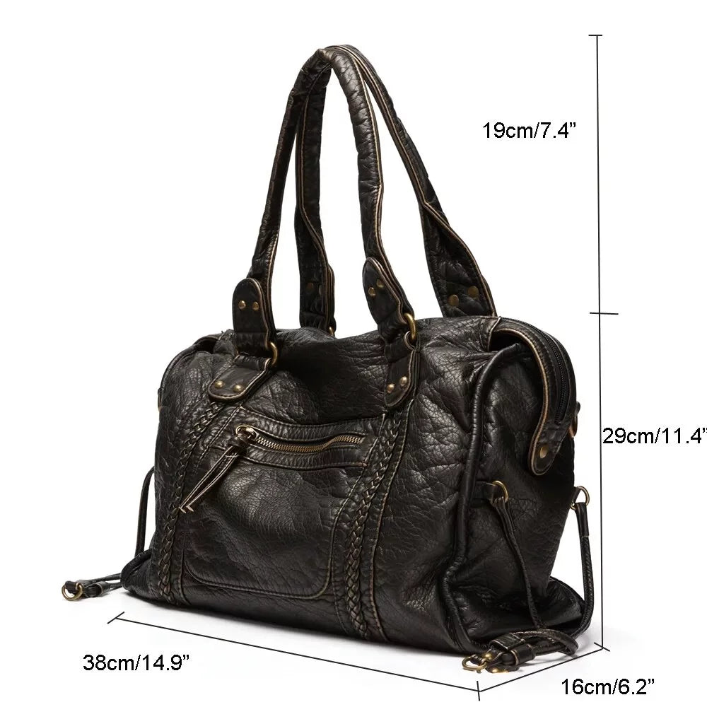 Large Capacity Women Handbag Vegan Leather Tote Bag Vintage Washed Leather Shoulder Bag Quality Bag for Women Office Bag Travel Bag