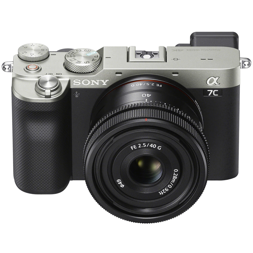 Sony a7C Mirrorless Full Frame Camera Body with Sony  40mm F2.5 G Compact Lens SEL40F25G Silver ILCE7C/S Bundle with Deco Gear Photography Backpack Case + Microphone +  + Monopod and Accessories