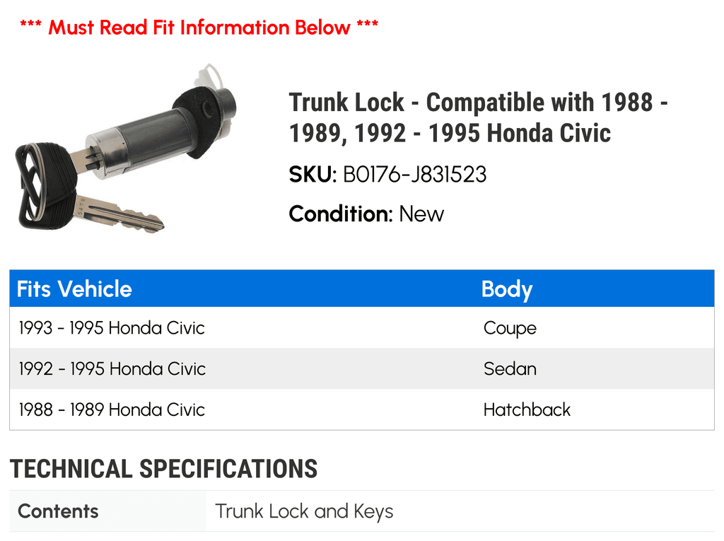 Trunk Lock - Compatible with 1988 - 1989, 1992 - 1995 Honda Civic 1993 1994