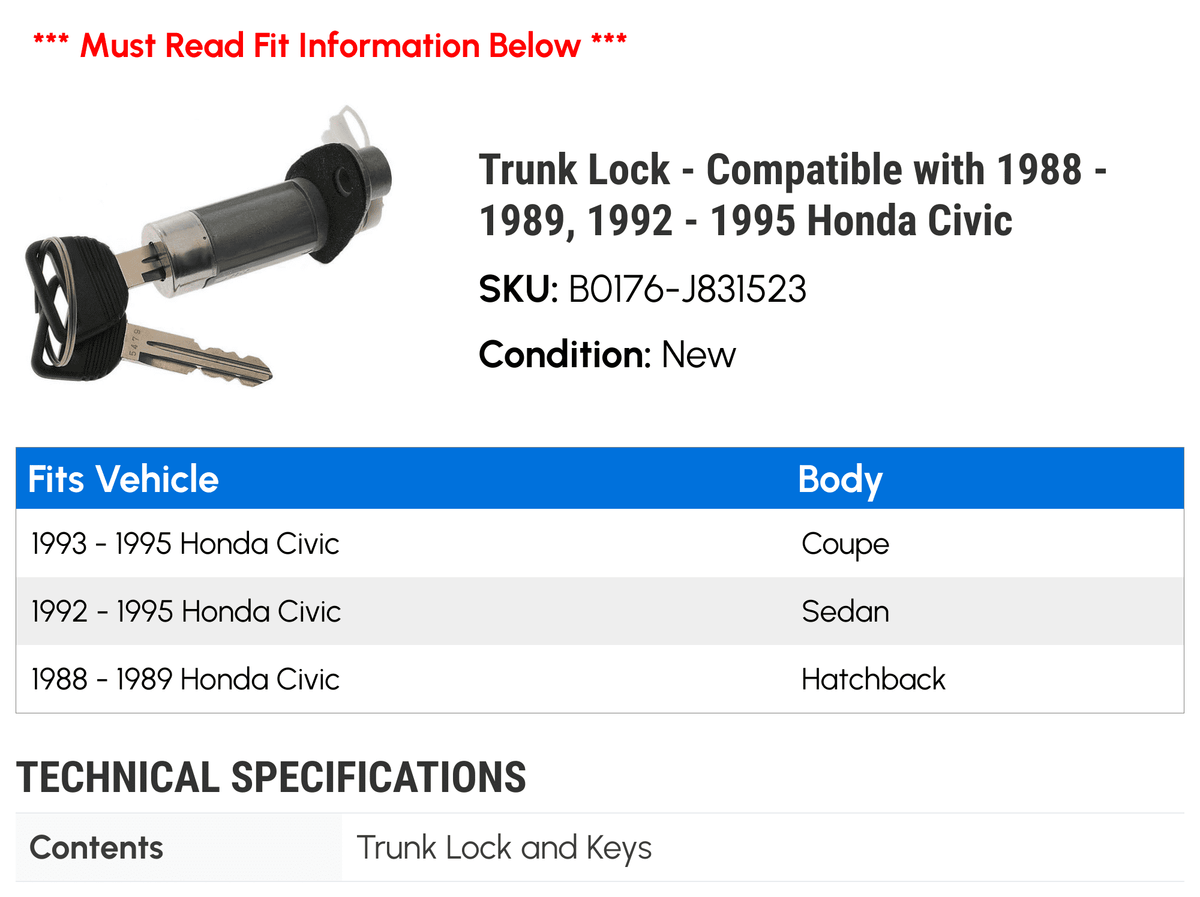 Trunk Lock - Compatible with 1988 - 1989, 1992 - 1995 Honda Civic 1993 1994