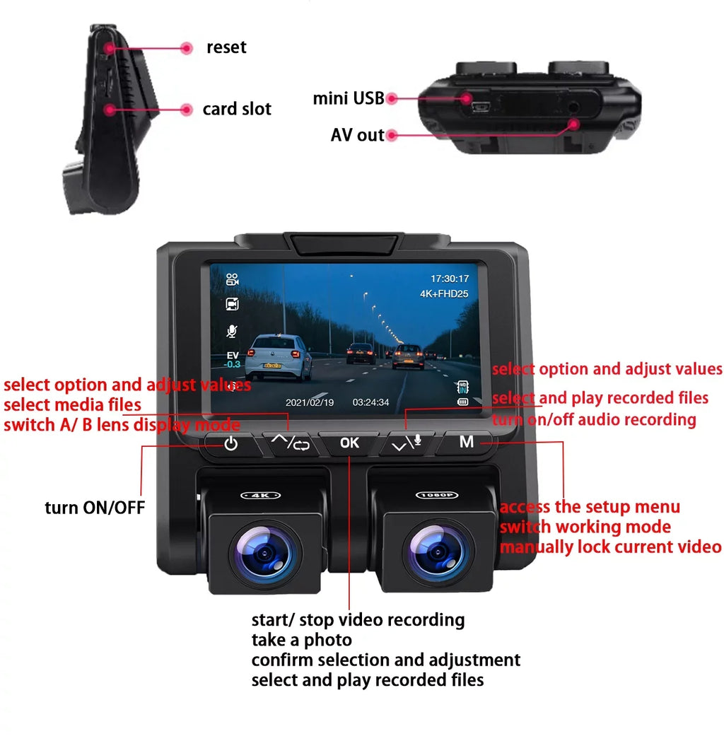 4K Dash Camera   4K+1080P Dash Cam Front and Inside 3"  Screen Car Camera Loop Recording Parking Mode G-Sensor