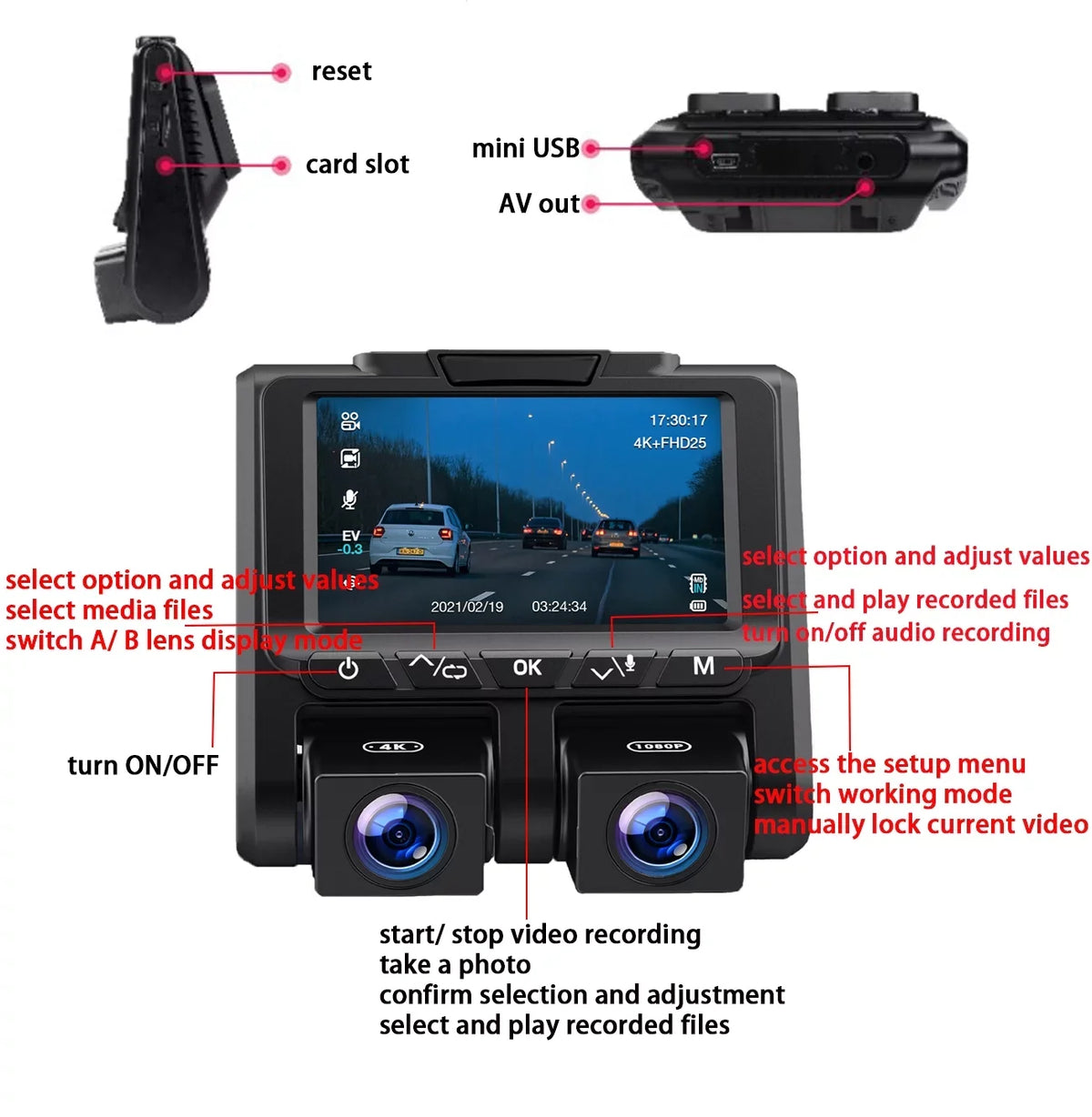 4K Dash Camera   4K+1080P Dash Cam Front and Inside 3"  Screen Car Camera Loop Recording Parking Mode G-Sensor