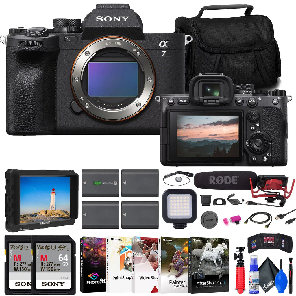Sony a7  Mirrorless Camera + 4K Monitor + Rode VideoMic + 2 x 64GB Cards + More