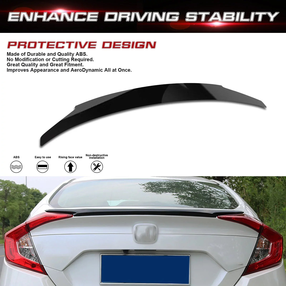 Xotic Tech 4DR  Style Glossy Black Rear Trunk Lip Wing Spoiler Compatible with Honda Civic 2016-2021 10th Gen